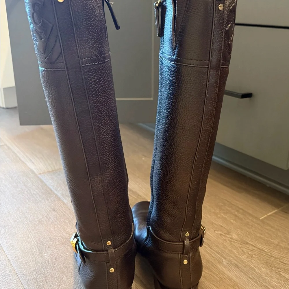 Tory Burch Chocolate Brown Tall Leather Riding Boots with Gold Hardware - Picture 3 of 8